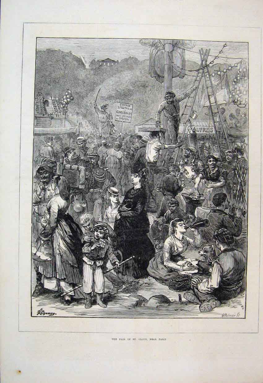 Original Old Antique Print 1871 Fair Cloud Paris Children Fun Day Out Victorian