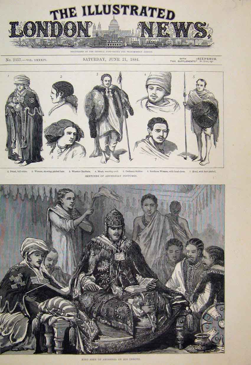 Original Old Antique Print 1884 Abyssinian Costumes King John Throne Sketch