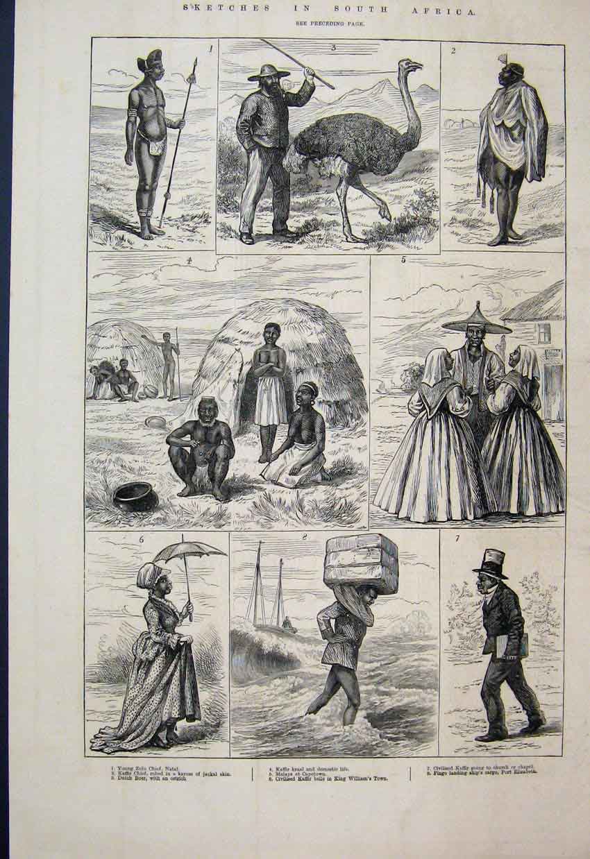 Original Old Antique Print 1879 South Africa Zulu Chief Ostrich Kaffir Sketch