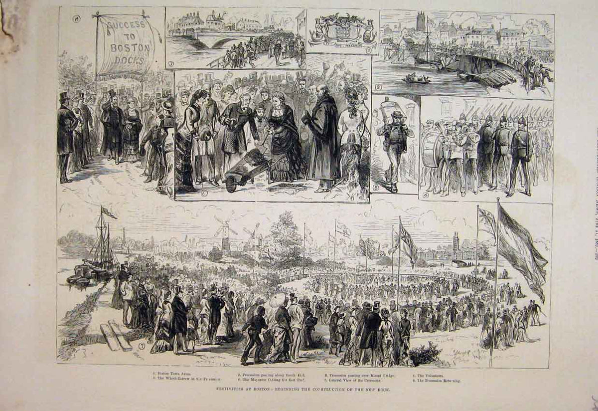 Original Old Antique Print 1882 Festivities Boston Wheel Barrow Mayoress 19th