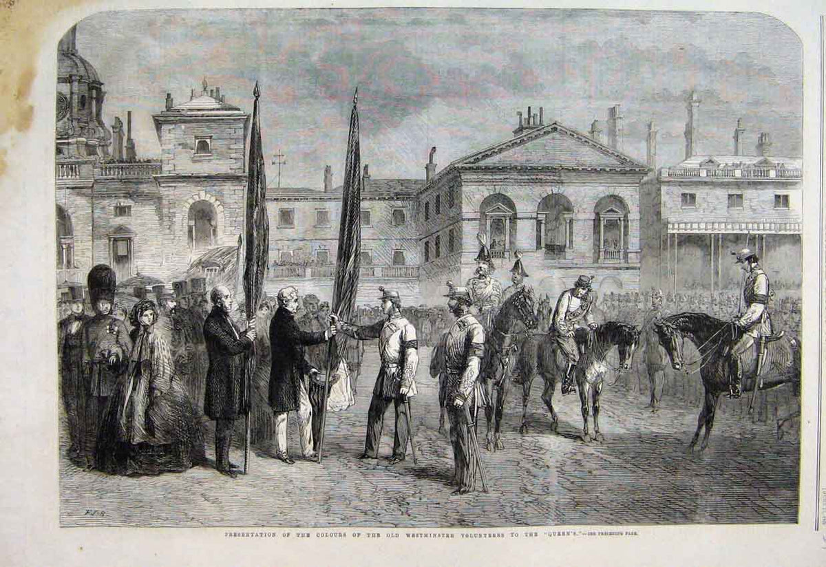 Original Old Antique Print 1861 Colour Westminster Volunteers Queen Horse 19th