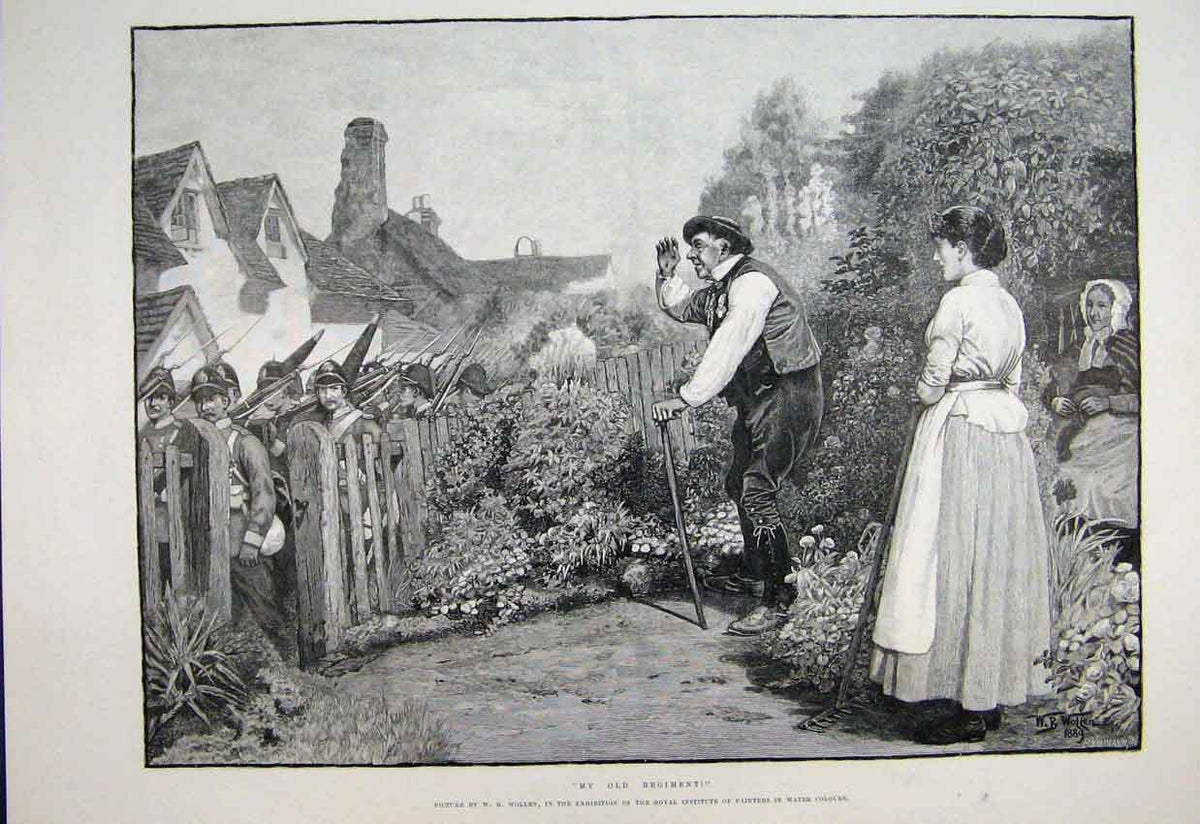 Original Old Antique Print 1889 Siers Village Scene Man Waving 19th