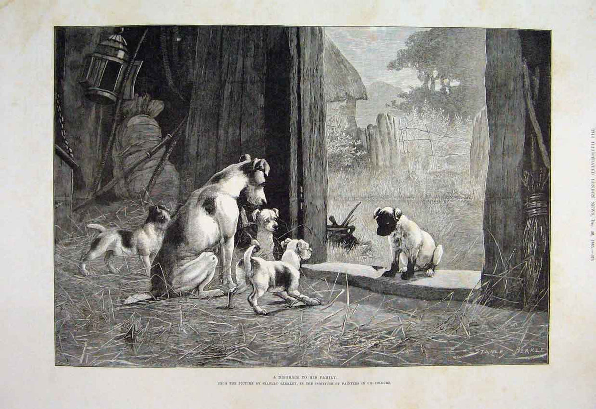 Original Old Antique Print 1889 Children Umbrella Man Walking Country Victorian