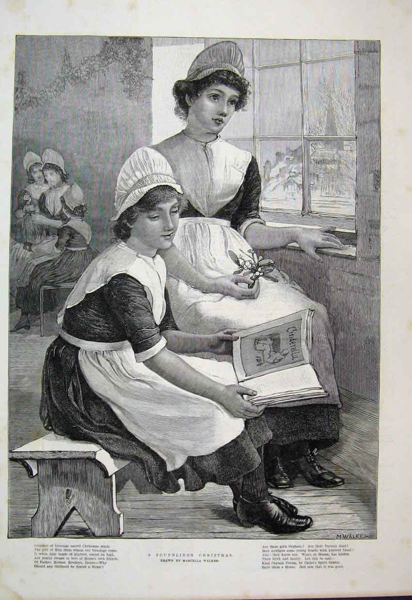 Original Old Antique Print 1886 Orphans Christmas Children Reading Victorian