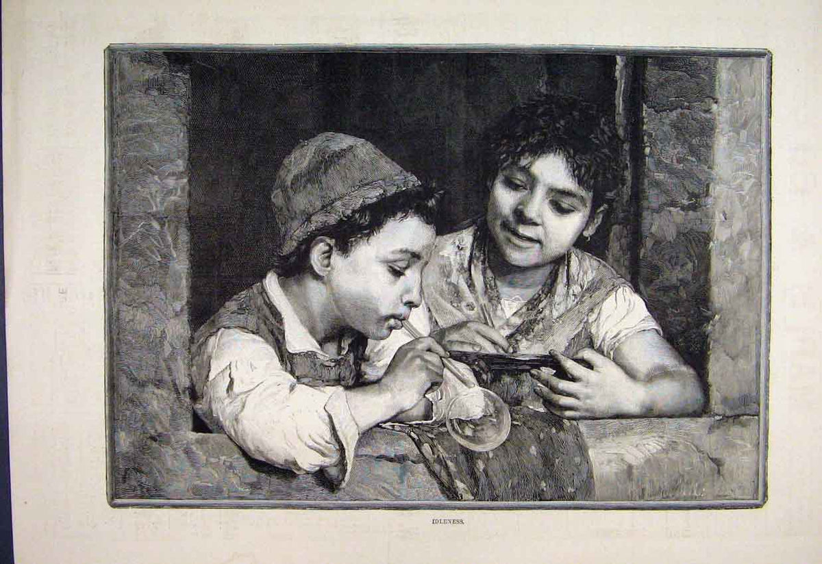 Original Old Antique Print 1887 Children Playing Blowing Bubbles Fun Victorian