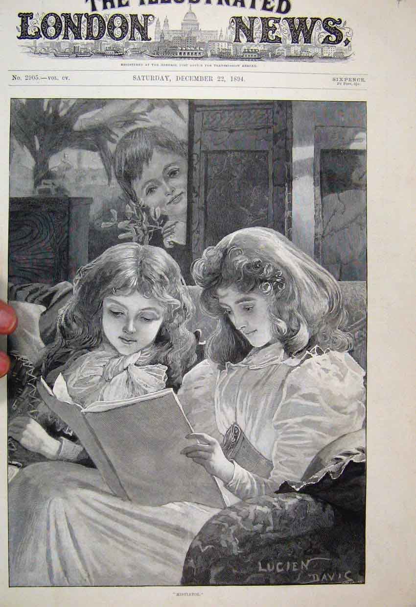 Original Old Antique Print 1894 Children Reading Christmas Mistletoe Victorian