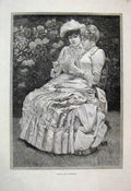 Original Old Antique Print 1885 Ladies Sitting Garden Reading Note Victorian