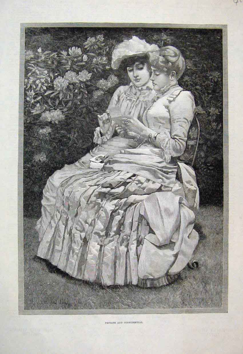 Original Old Antique Print 1885 Ladies Sitting Garden Reading Note Victorian