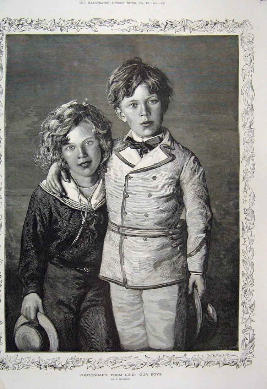 Original Old Antique Print 1885 Little Boys Suits Hats Brothers 19th