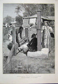 Original Old Antique Print 1888 Man Stocks Negro Lady Working 19th