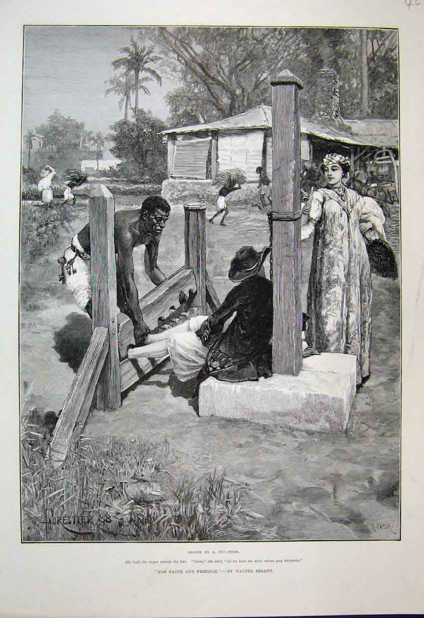 Original Old Antique Print 1888 Man Stocks Negro Lady Working 19th