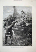 Original Old Antique Print 1885 Man Woman Working Boat Nets 19th