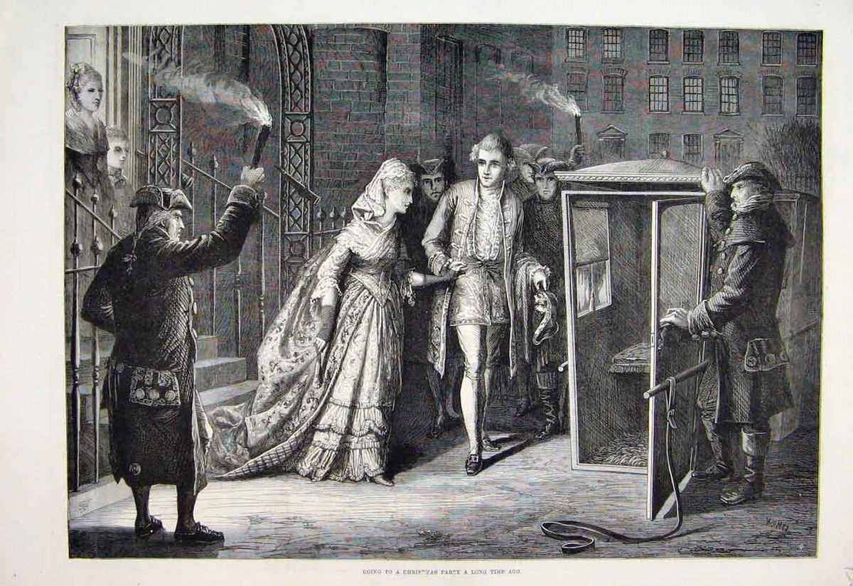 Original Old Antique Print 1877 Man Woman Christmas Party Carriage Victorian