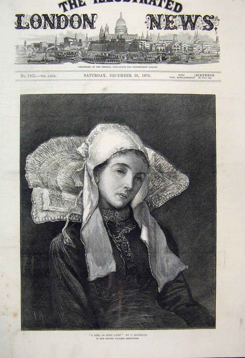 Original Old Antique Print 1876 Girl Pont Aven Dudley Gallery Exhibition 19th
