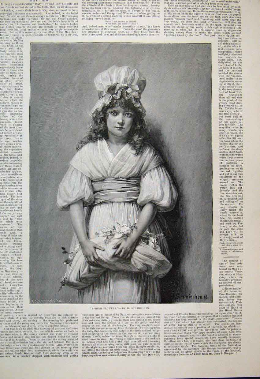 Original Old Antique Print 1889 Girl Carrying Spring Flowers 19th
