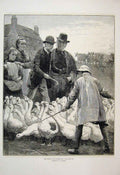 Original Old Antique Print 1881 Goose Club Committee Cattle Men Children 19th