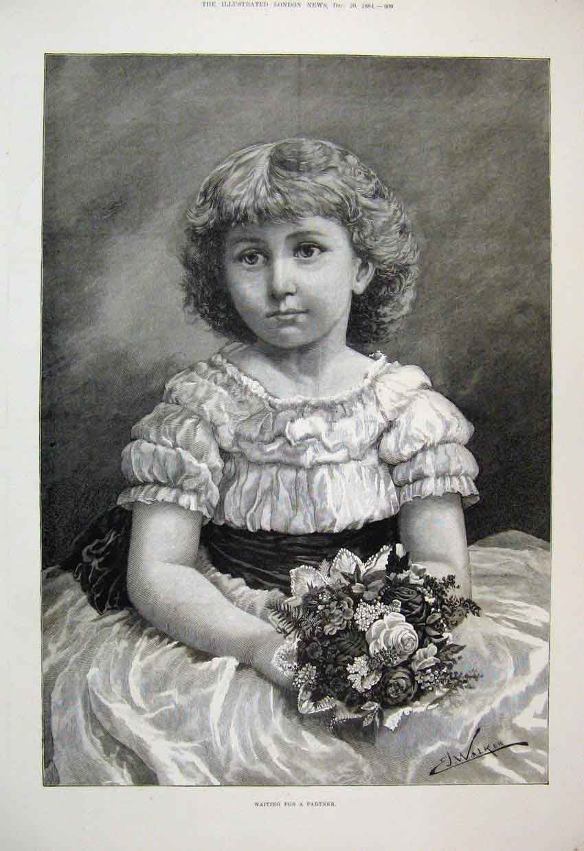 Original Old Antique Print 1884 Little Girl Bridesmaid Flowers Beautiful 19th