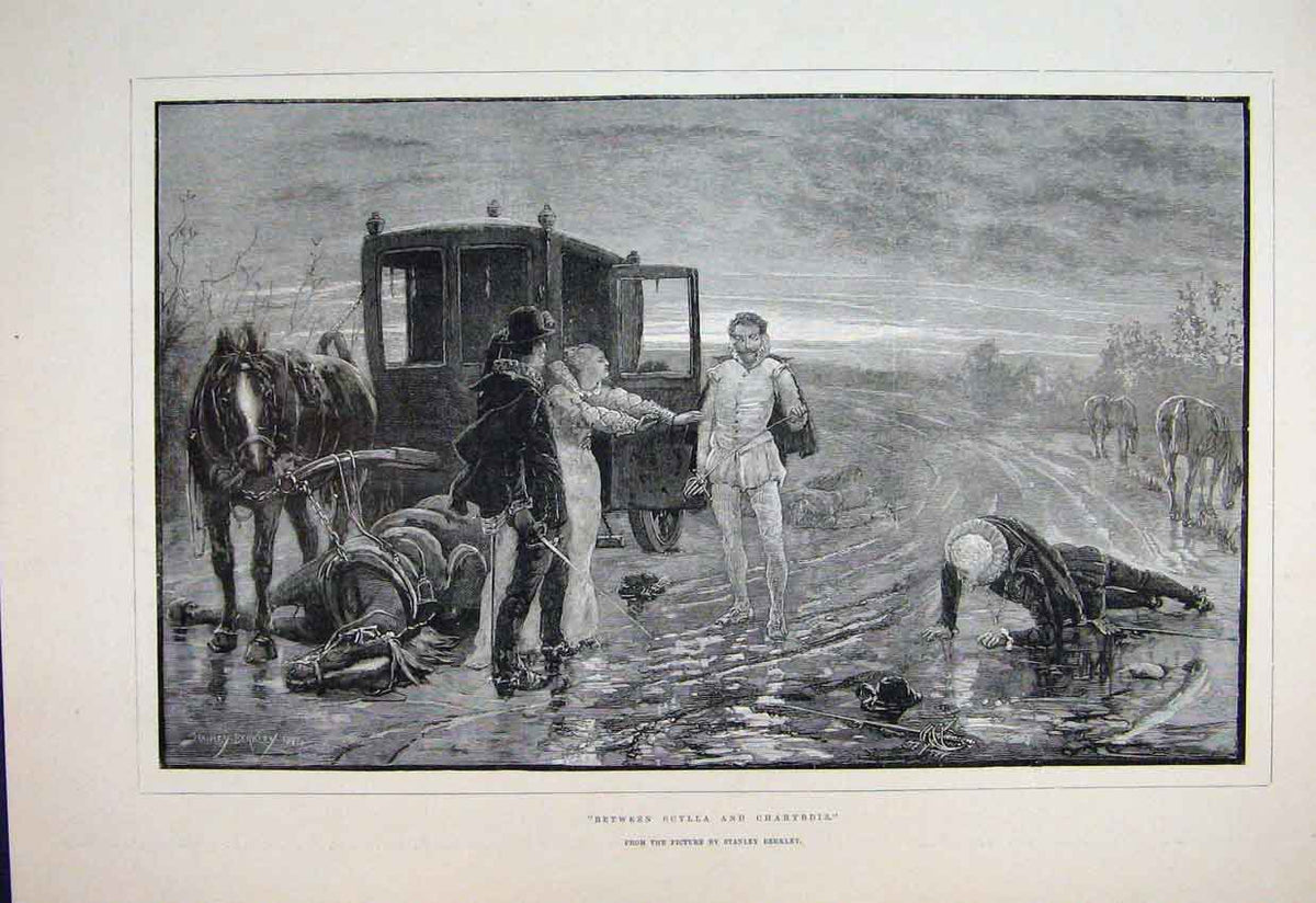 Original Old Antique Print 1887 Scylla Charybdis Swordfight Horse Dead 19th