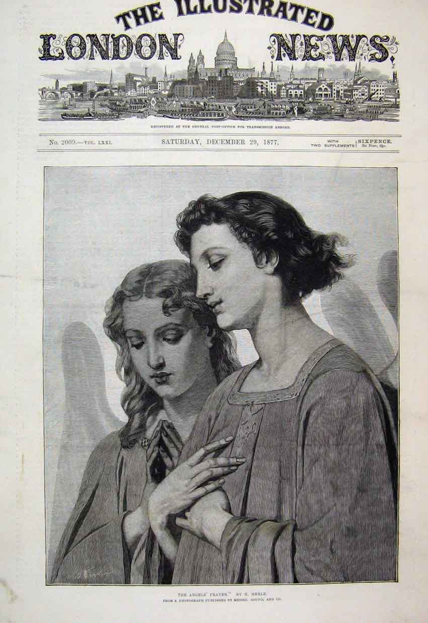 Original Old Antique Print 1877 Angels Prayer Women Church Beautiful Victorian