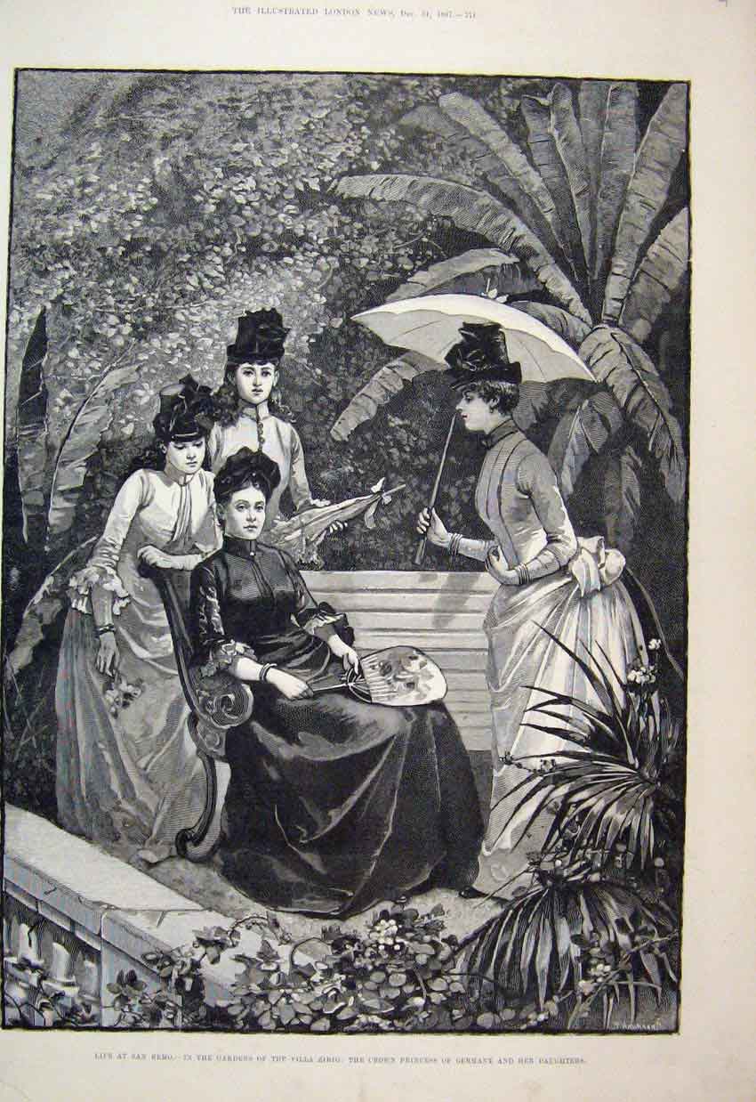 Original Old Antique Print 1887 San Remo Gardens Villa Zirio Price Germany 19th