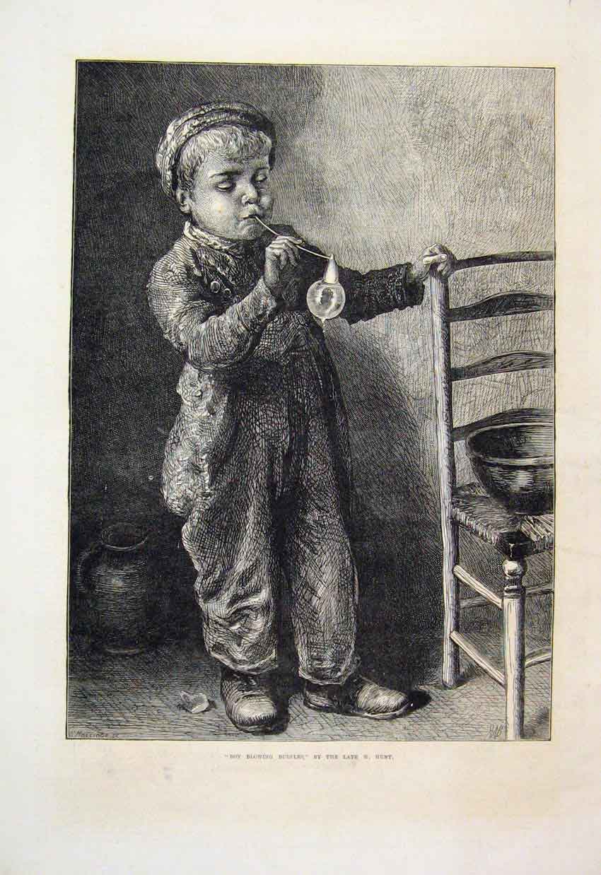 Original Old Antique Print 1871 Boy Blowing Bubbles Children Playing Victorian