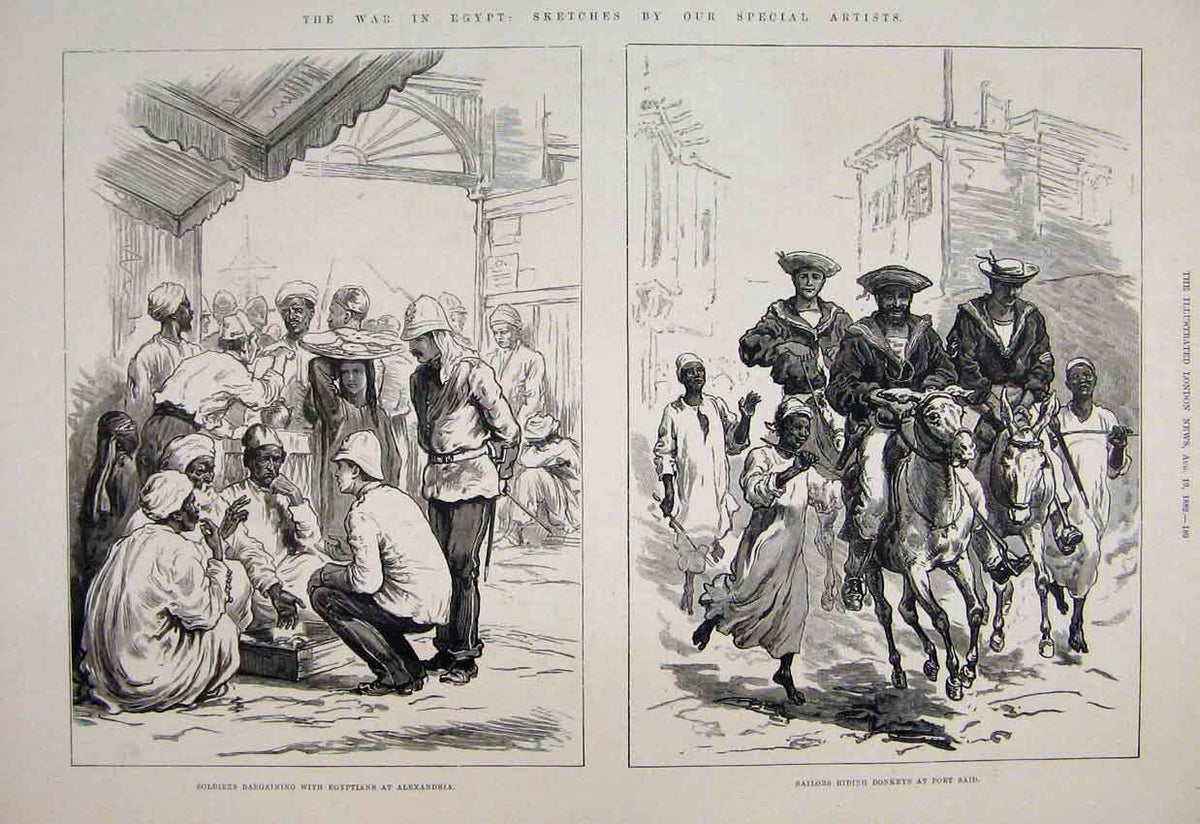 Original Old Antique Print 1882 Siers Egyptian Alexandria Donkeys Port Said