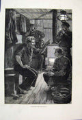 Original Old Antique Print 1880 Men Chatting Cabin Fire Fine Art 19th