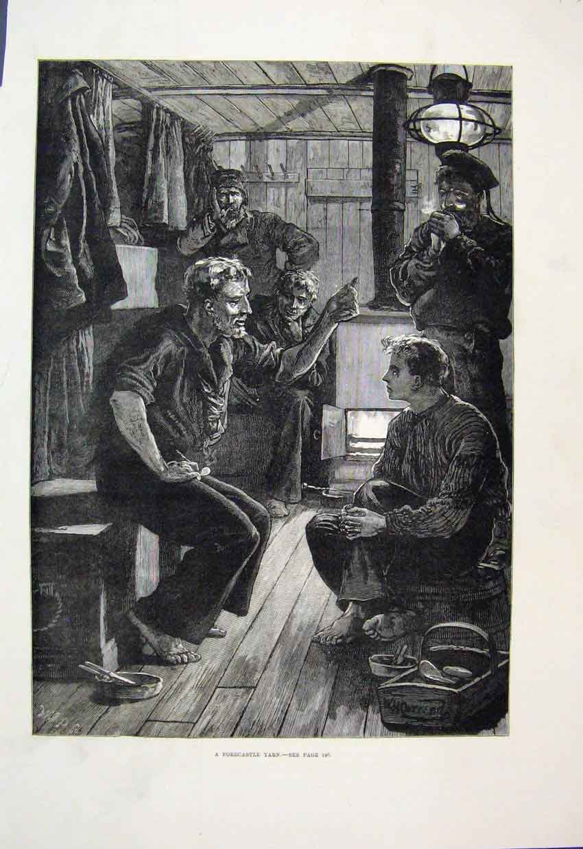 Original Old Antique Print 1880 Men Chatting Cabin Fire Fine Art 19th