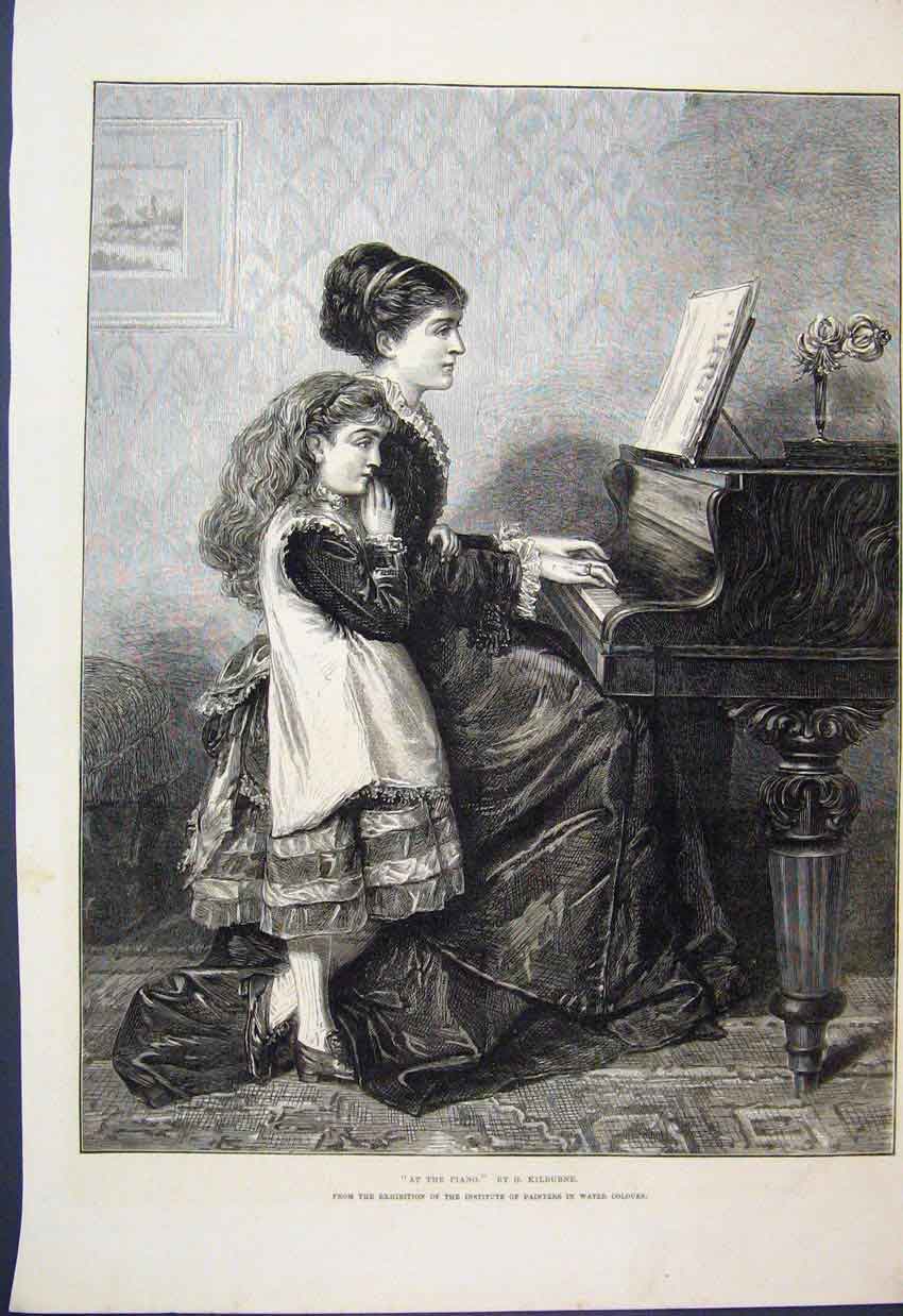 Original Old Antique Print 1875 Little Girl Woman Piano Music 19th