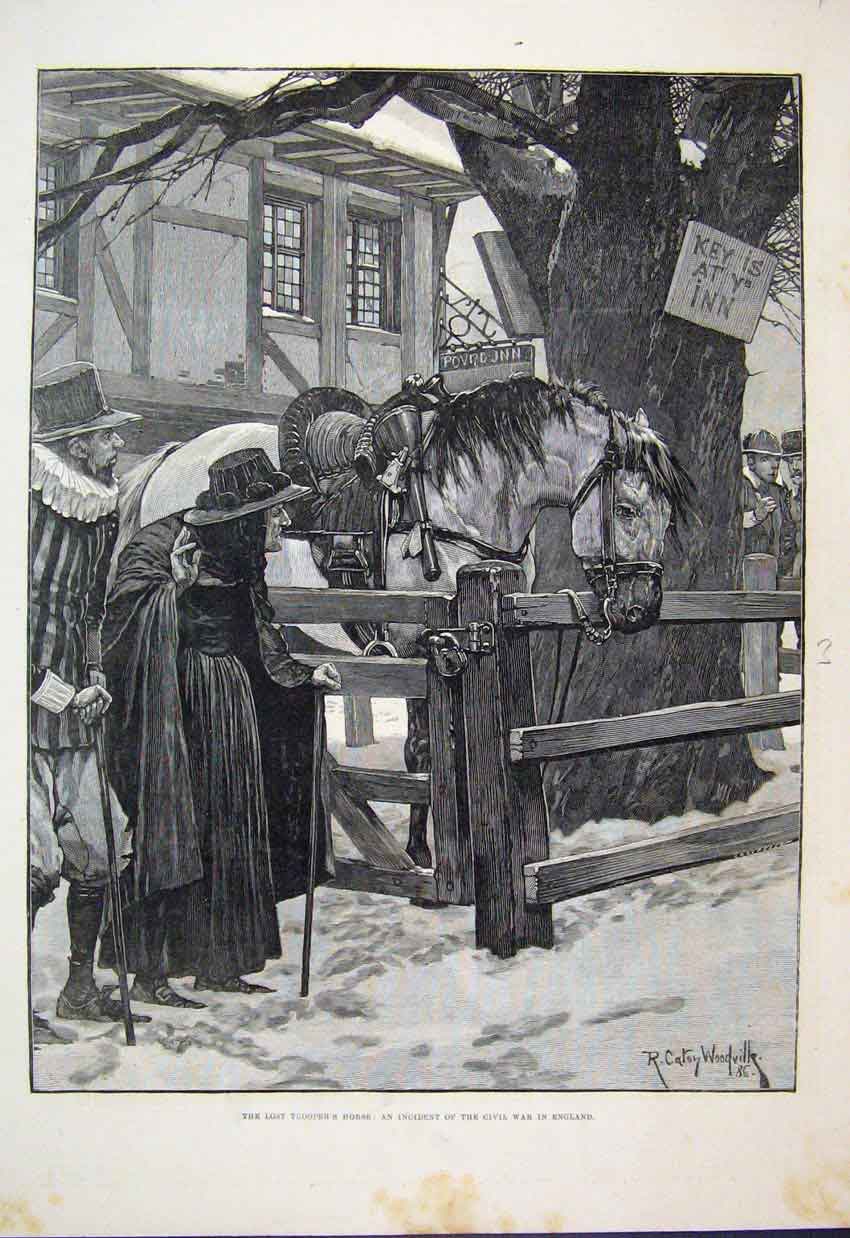 Original Old Antique Print 1887 Troopers Horse Civil War England 19th