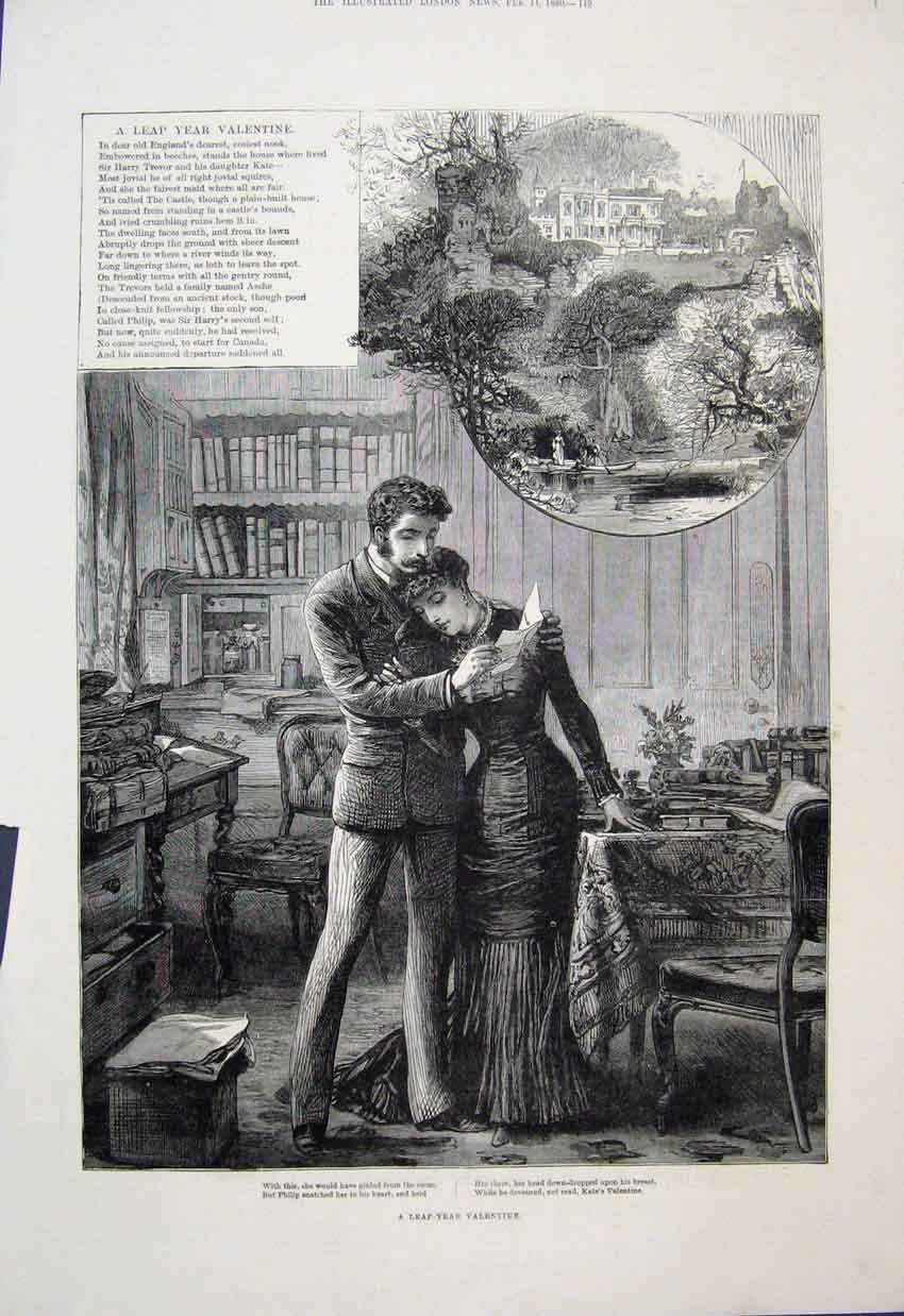Original Old Antique Print 1880 Leap Year Valentine Man Woman Country Scene