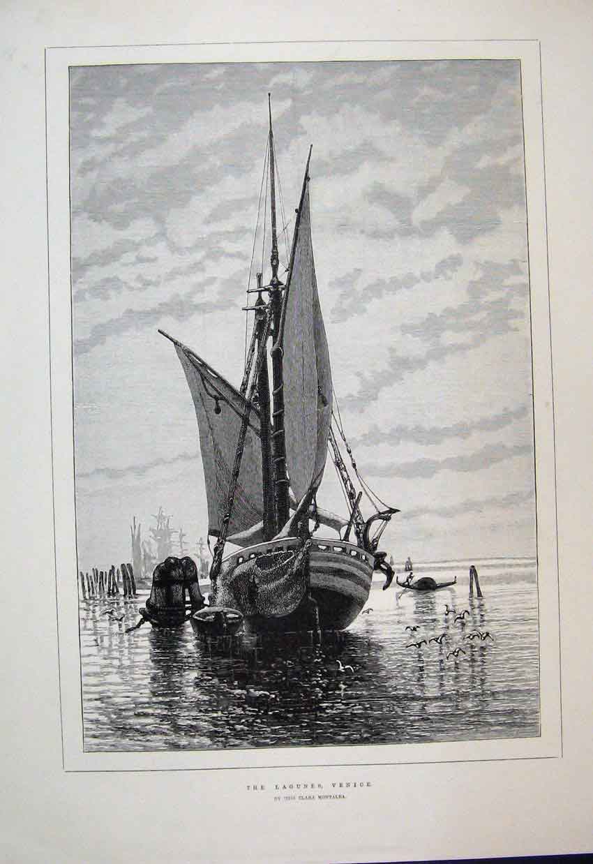 Original Old Antique Print 1888 Lagunes Ship Venice Sea Scene 19th