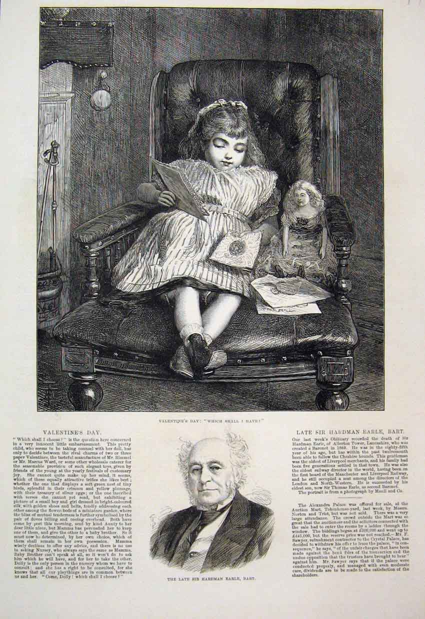 Original Old Antique Print 1877 Sir Hardman Earle Bart Little Girl Valentines