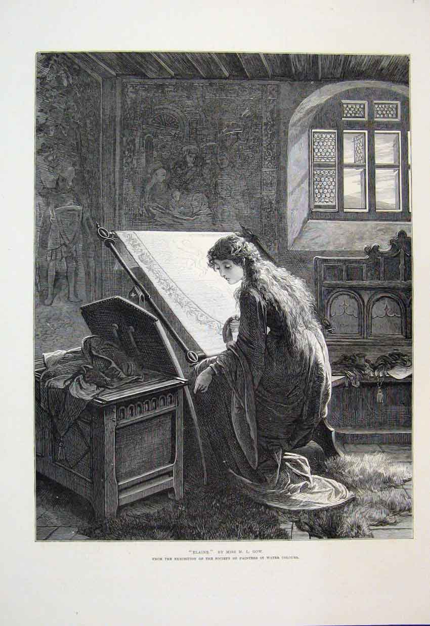 Original Old Antique Print 1876 Elaine Tapestry Exhibition Painters Victorian
