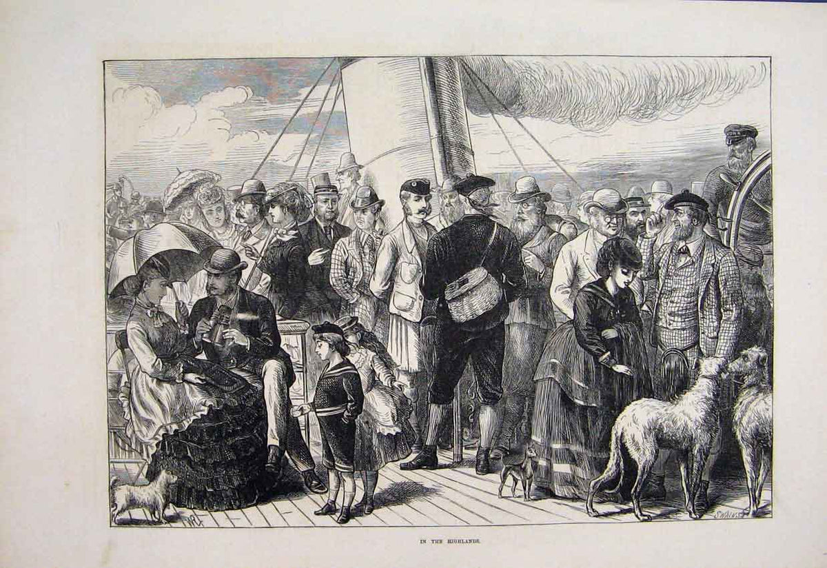 Original Old Antique Print 1871 Families Ship Dogs Highlands Party Victorian