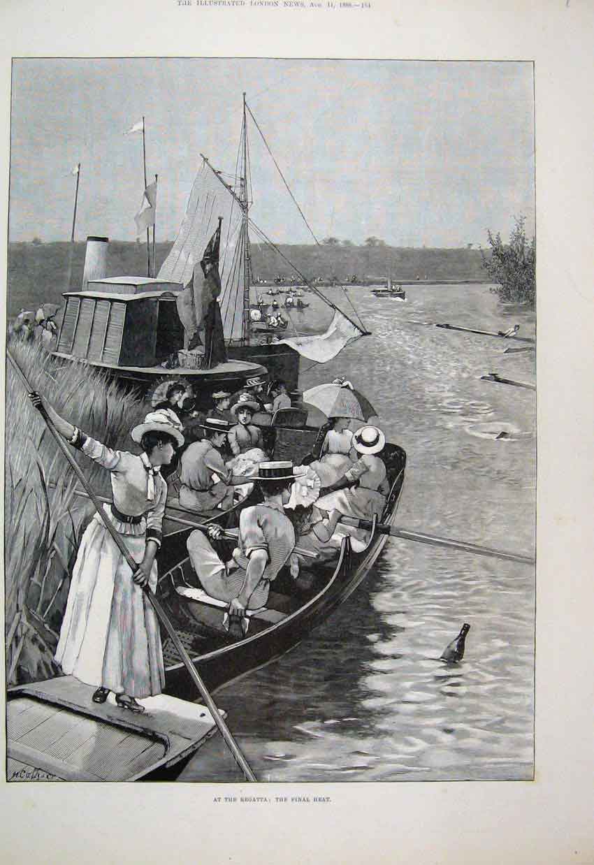Original Old Antique Print 1888 Boating Regatta River Final Heat 19th