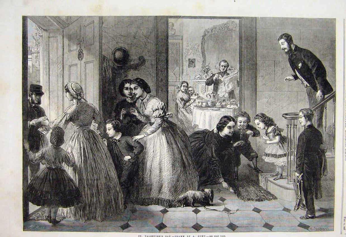 Original Old Antique Print 1863 Valentines Day Postman Letter Families Dog 19th