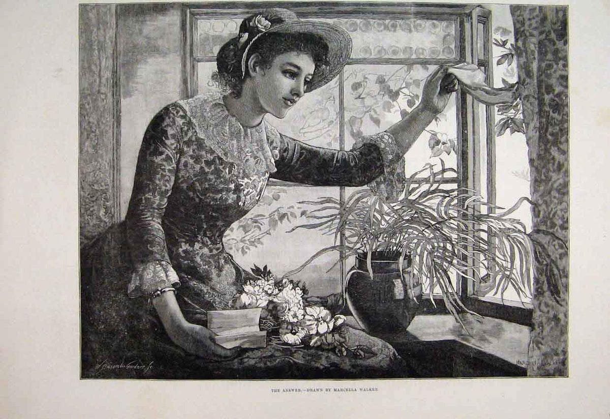 Original Old Antique Print 1885 Woman Window Letter Flowers Plant Victorian