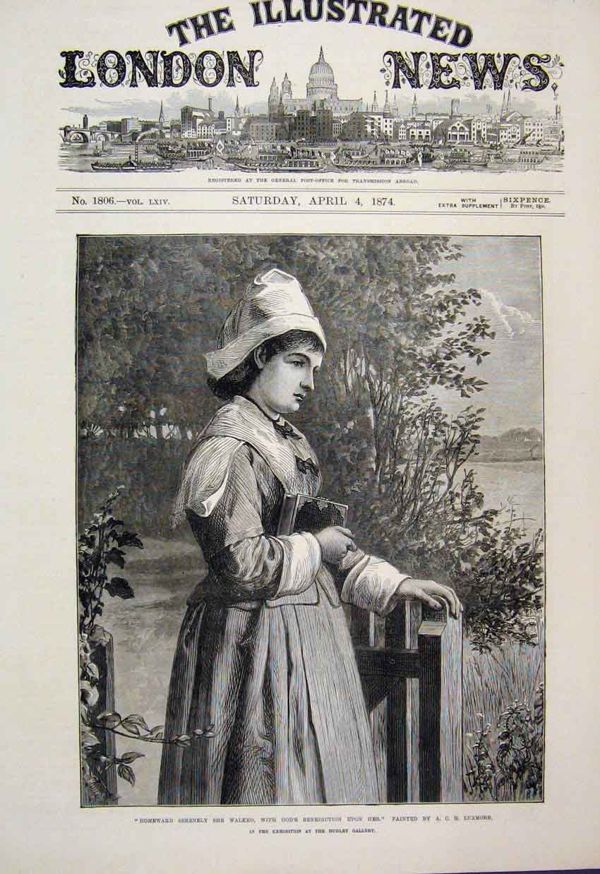 Original Old Antique Print 1874 Woman Church Bible Country Scene 19th