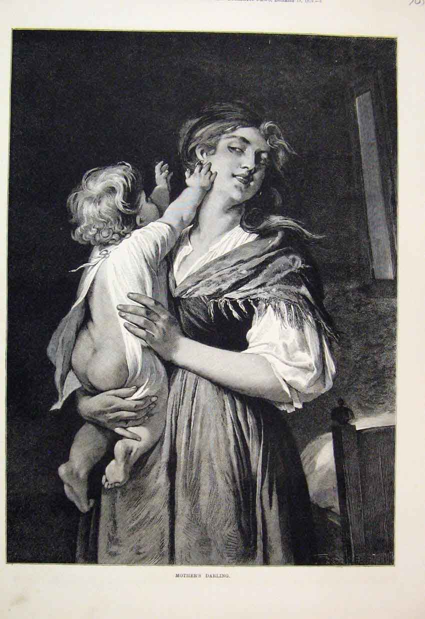Original Old Antique Print 1879 Mother Baby Playing Beautiful 19th