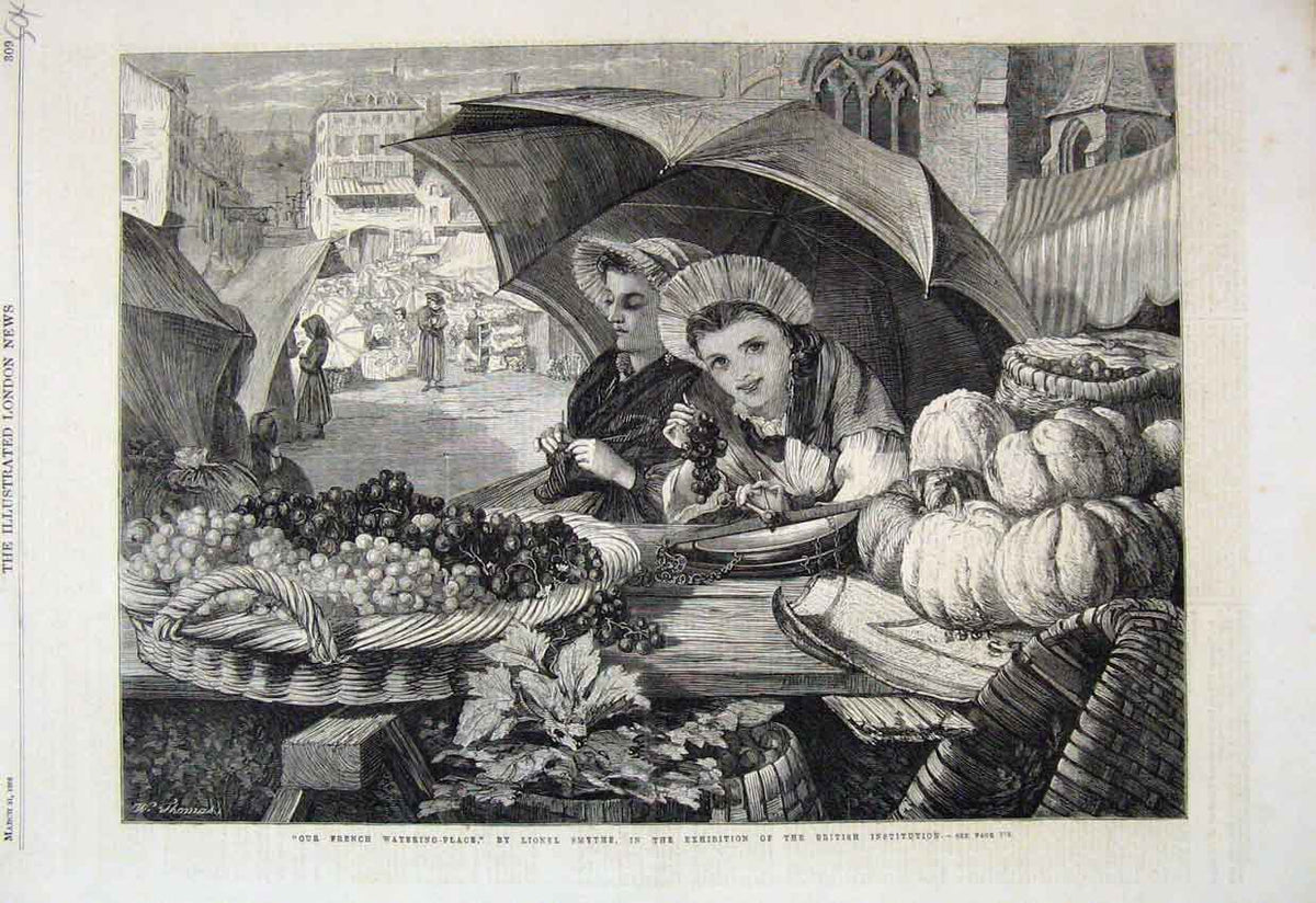 Original Old Antique Print 1866 French Market Women Fruit Umbrella Victorian