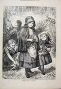 Original Old Antique Print 1873 Children Gathering Willows Palm Sunday 19th
