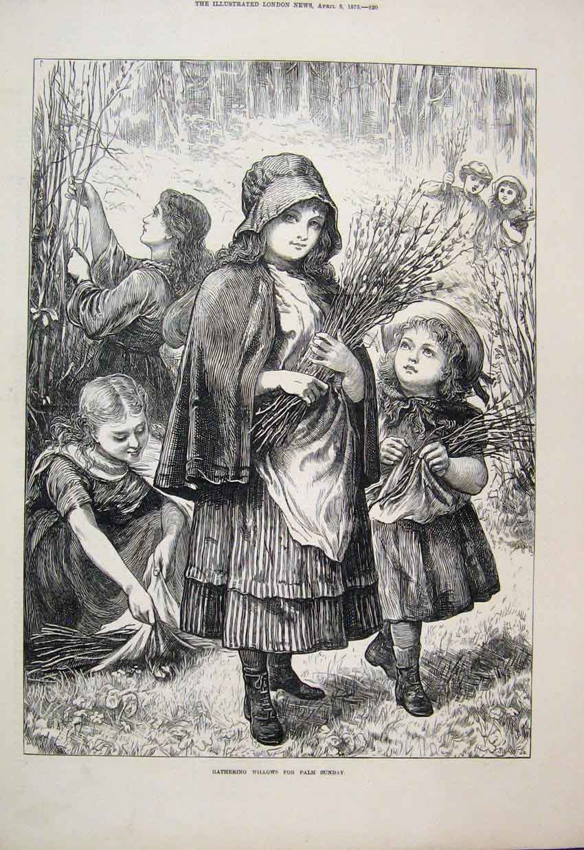 Original Old Antique Print 1873 Children Gathering Willows Palm Sunday 19th
