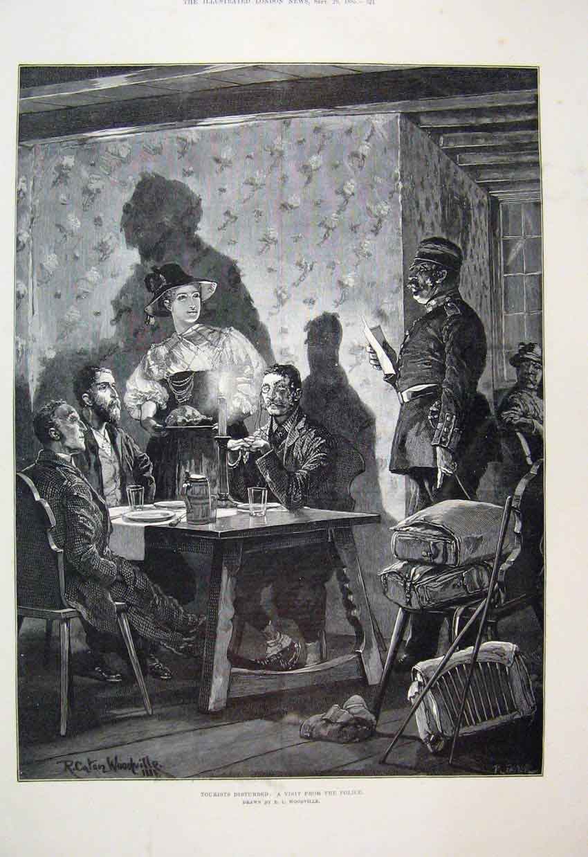 Original Old Antique Print 1885 Tourists Hotel Eating Police Visit Victorian
