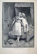 Original Old Antique Print 1892 Little Girls Bedtime Goodnight Kiss Victorian
