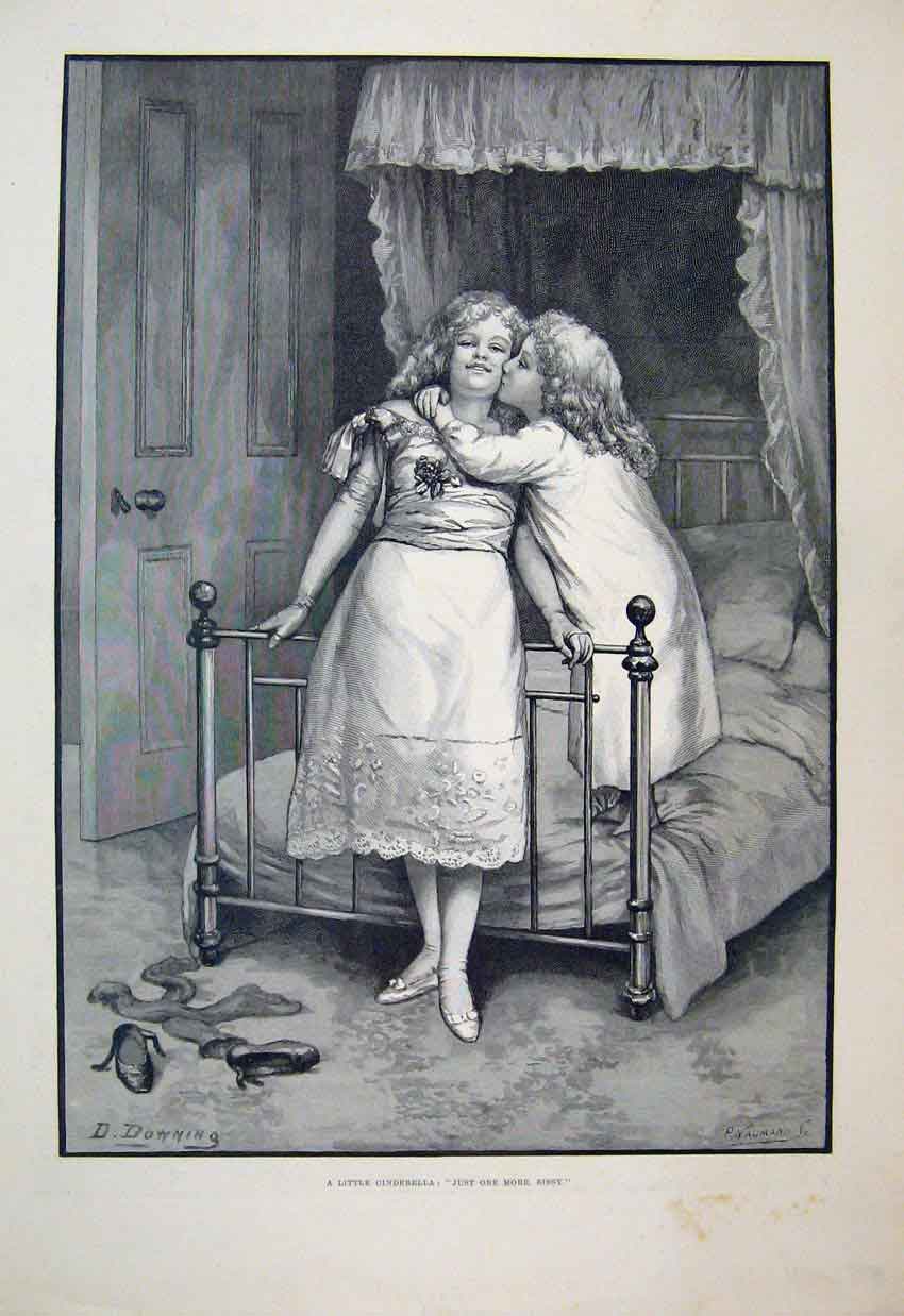 Original Old Antique Print 1892 Little Girls Bedtime Goodnight Kiss Victorian