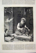 Original Old Antique Print 1876 Little Girl Feeding Birds Bread Doorstep 19th
