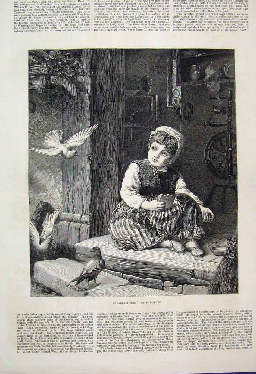 Original Old Antique Print 1876 Little Girl Feeding Birds Bread Doorstep 19th