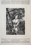 Original Old Antique Print 1881 Woman Gathering Apples Ladder Fruit Victorian