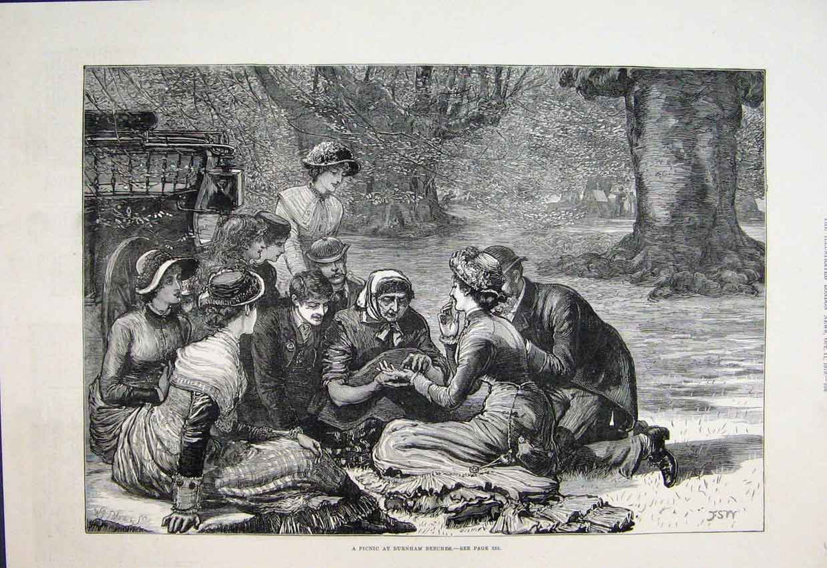 Original Old Antique Print 1879 Picnic Burnham Beeches Fortune Telling 19th